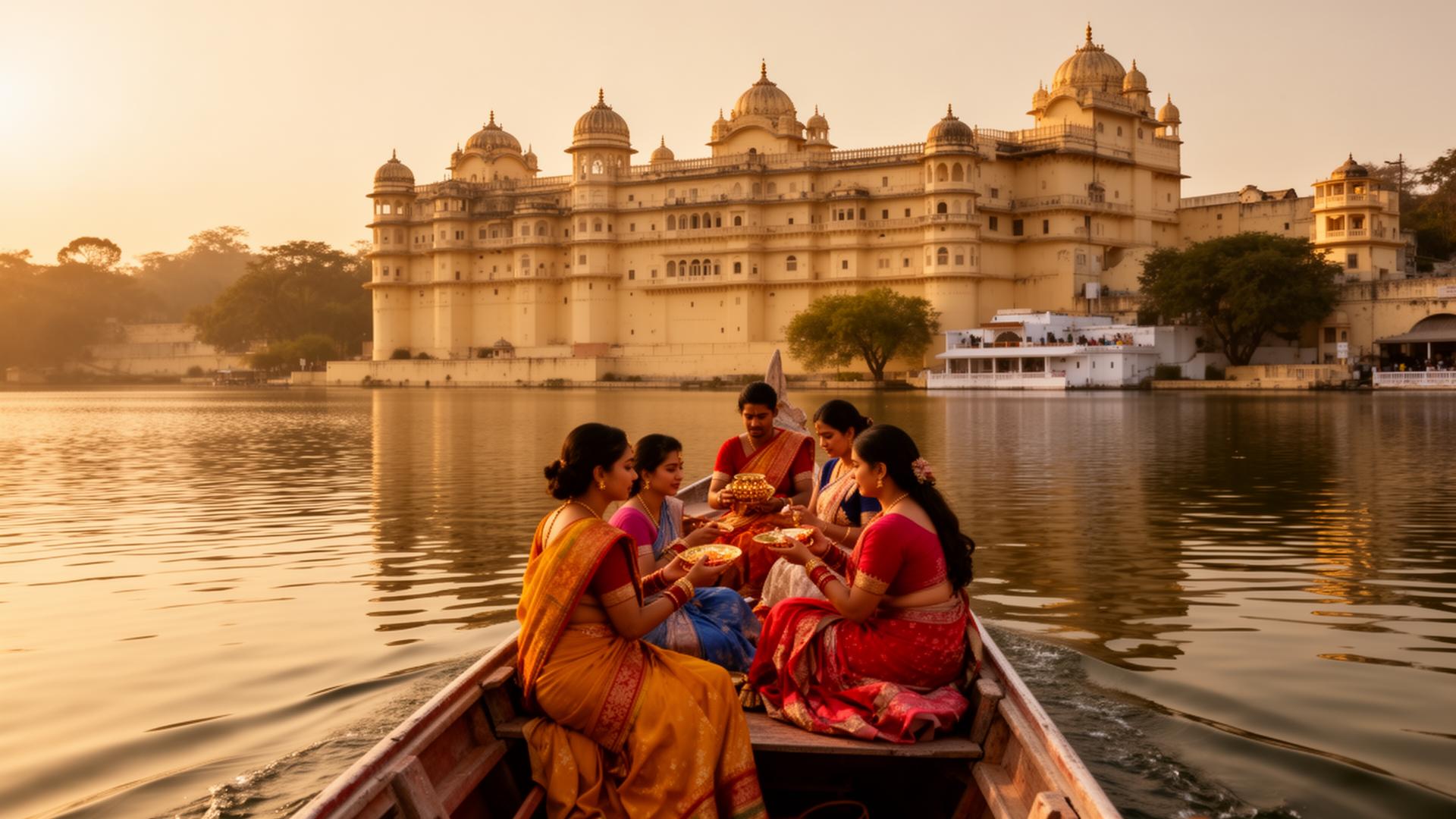 Boat ride on Lake Pichola at golden hour with palace in background