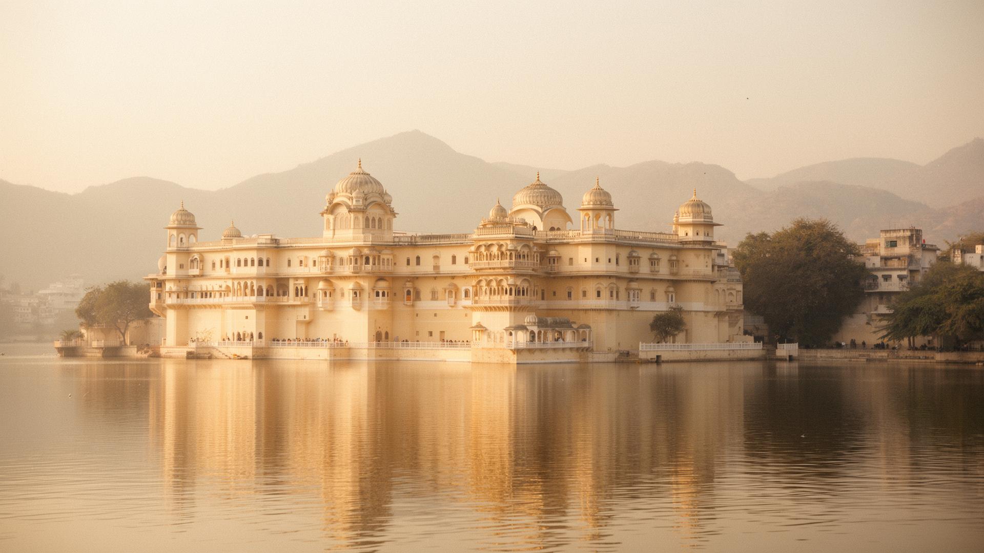 The City Palace of Udaipur reflected in Lake Pichola at golden hour