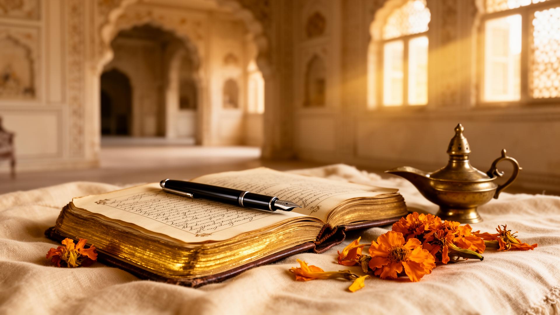 An open journal with a fountain pen on linen, lit by golden window light inside a Mewar palace