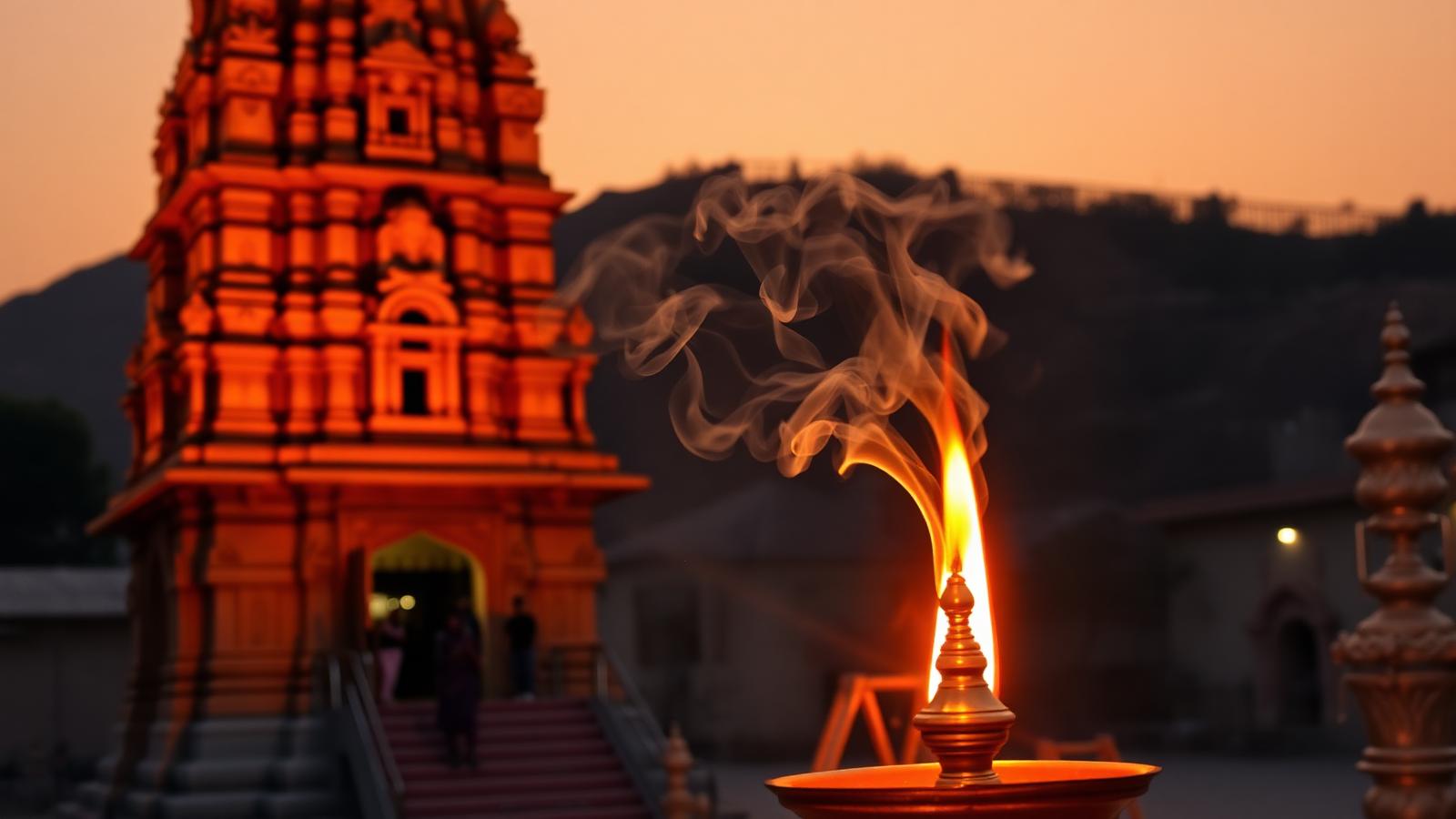 Carved sandstone shikhara of Jagdish temple in Udaipur at sunset with a brass aarti lamp glowing in the foreground and smoke curling