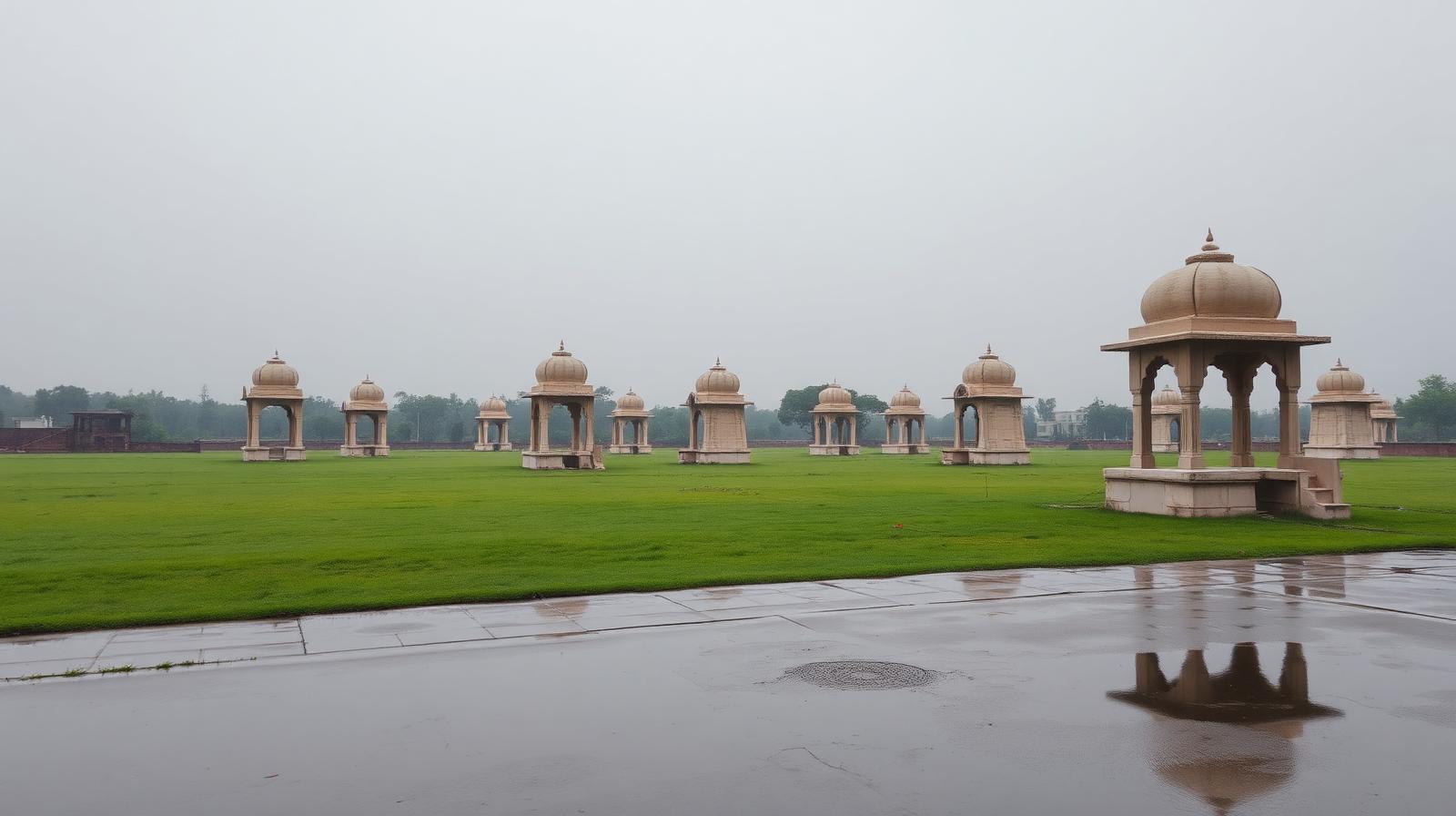 Domed sandstone chhatris at the Ahar cenotaphs in Udaipur after monsoon rain