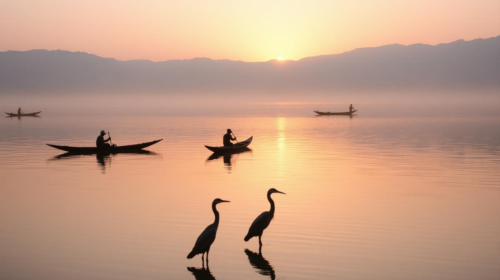 Badi Lake at first light with fishermen and grey herons in still water near Udaipur