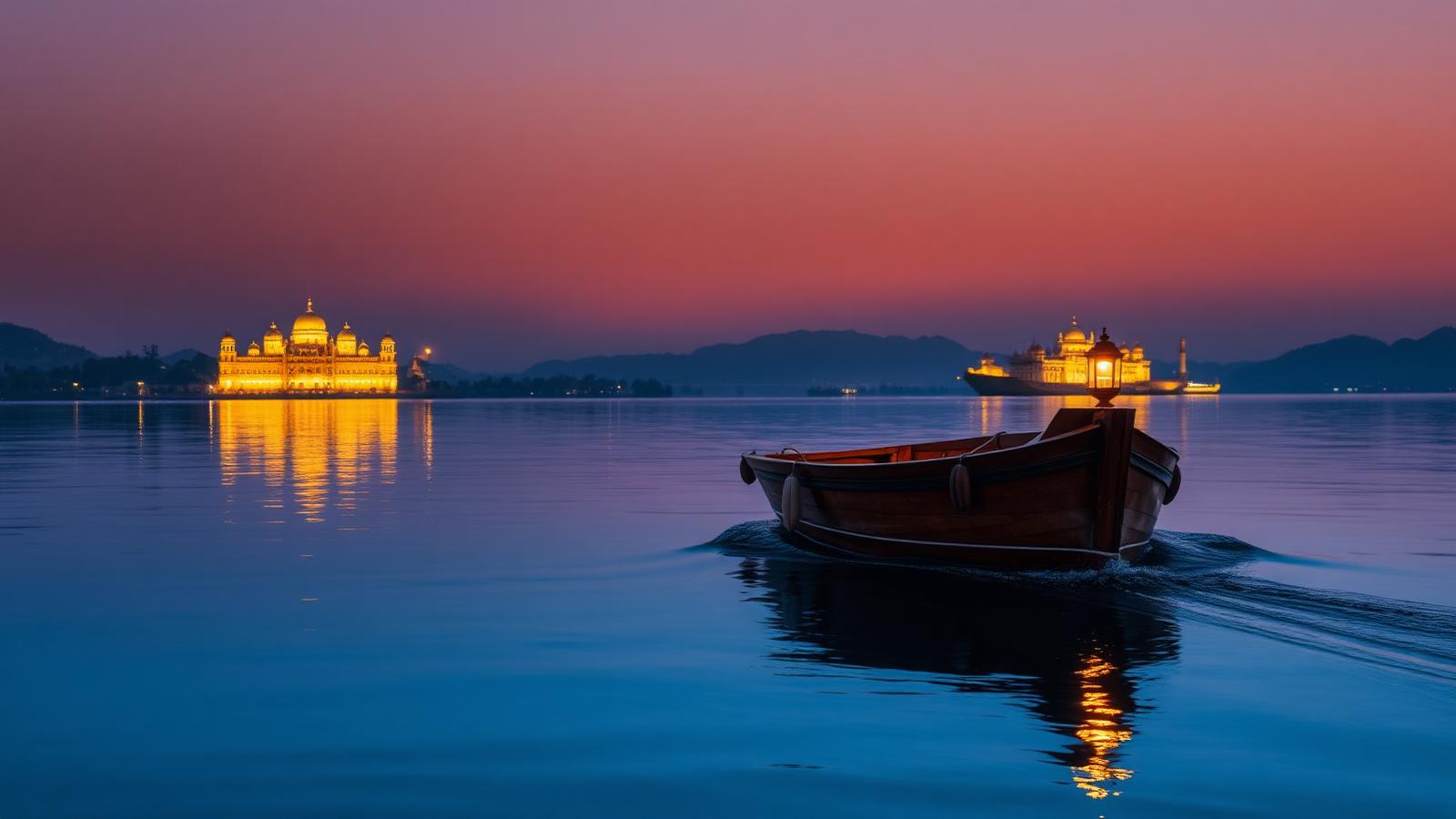 Wooden private boat with brass lantern drifting on Lake Pichola at blue hour, City Palace and Lake Palace lit on the water