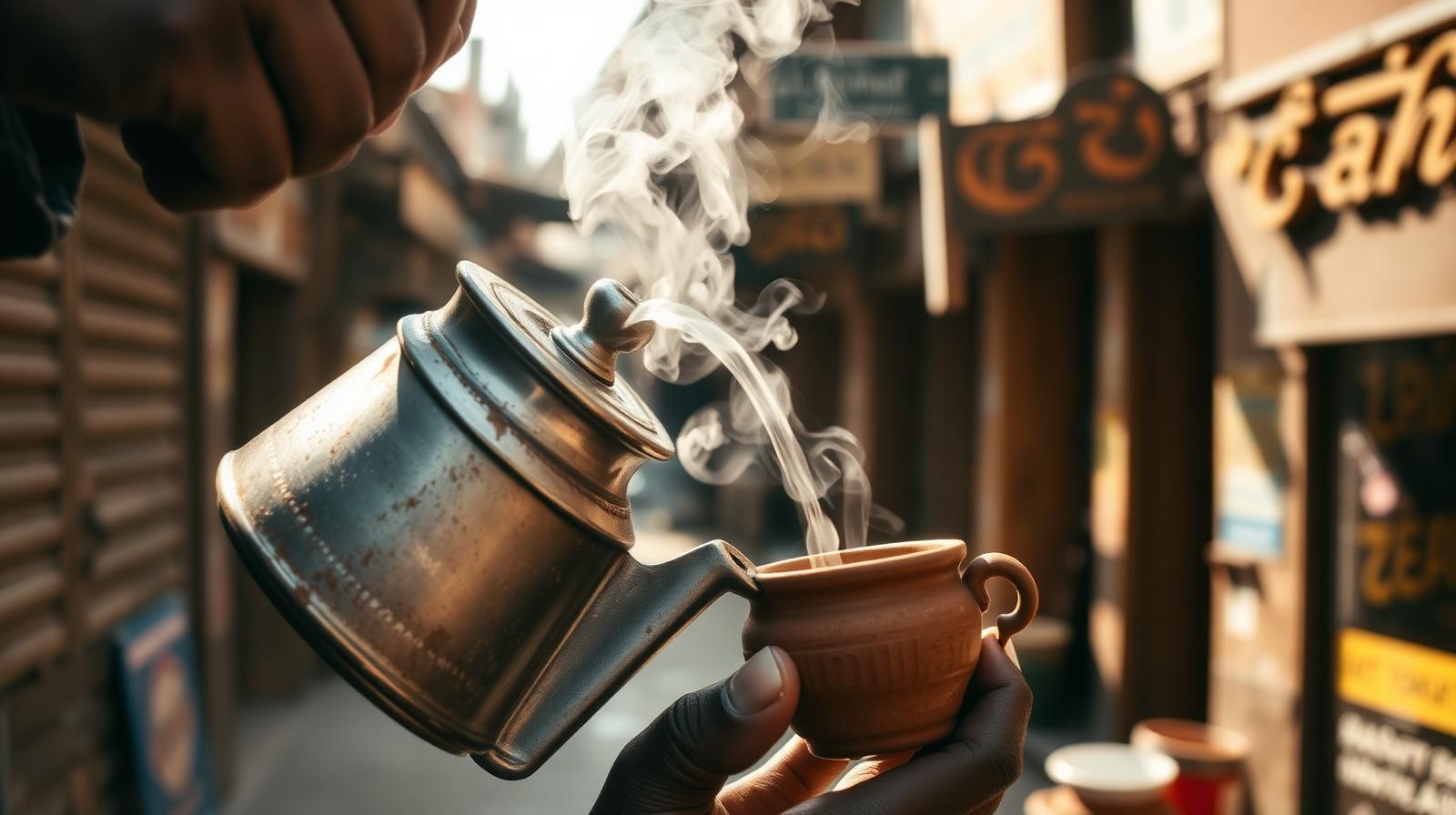 Chai wallah pouring frothy masala chai from a battered aluminium kettle into a terracotta kulhad in the Hathi Pol bazaar