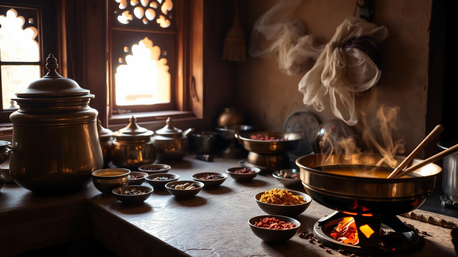 Traditional Mewar palace kitchen with brass and copper vessels on a stone counter, fresh whole spices, ghee melting in a karahi, warm afternoon light through a jharokha window