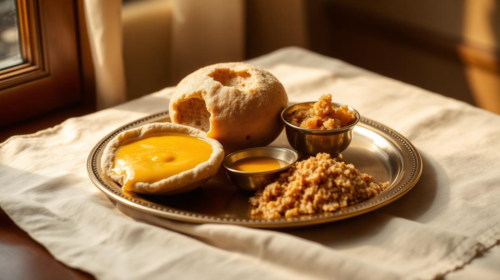 Traditional Rajasthani dal-baati-churma thali with golden ghee pooling out of a cracked baati