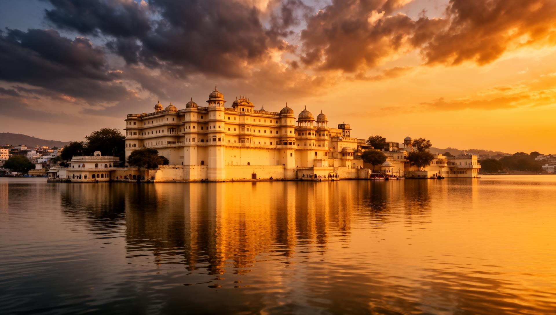 A small wedding party gathered at the edge of Lake Pichola at dusk