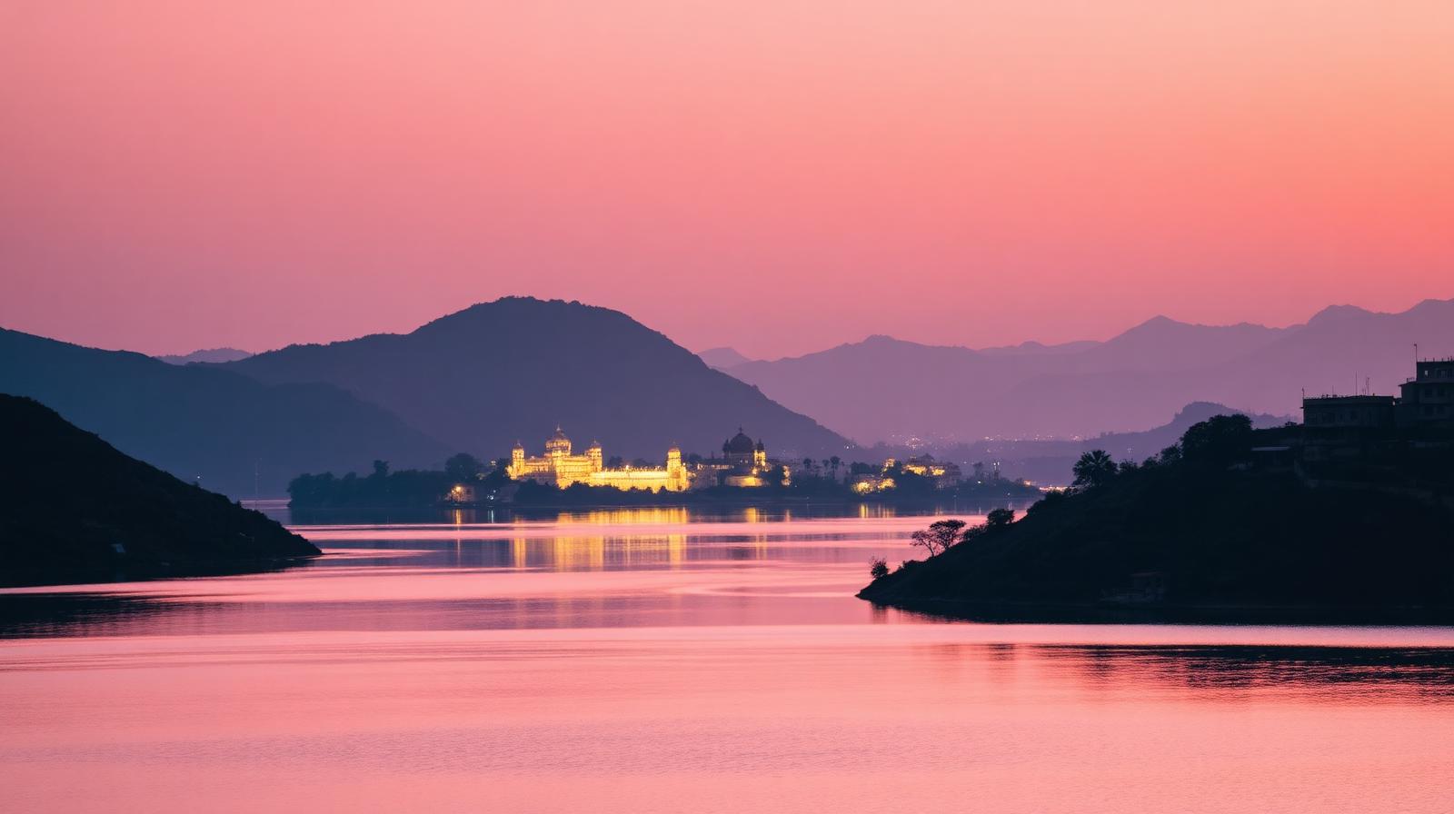 Doodh Talai lake and the City Palace at dusk seen from the Machla Magra ropeway plateau