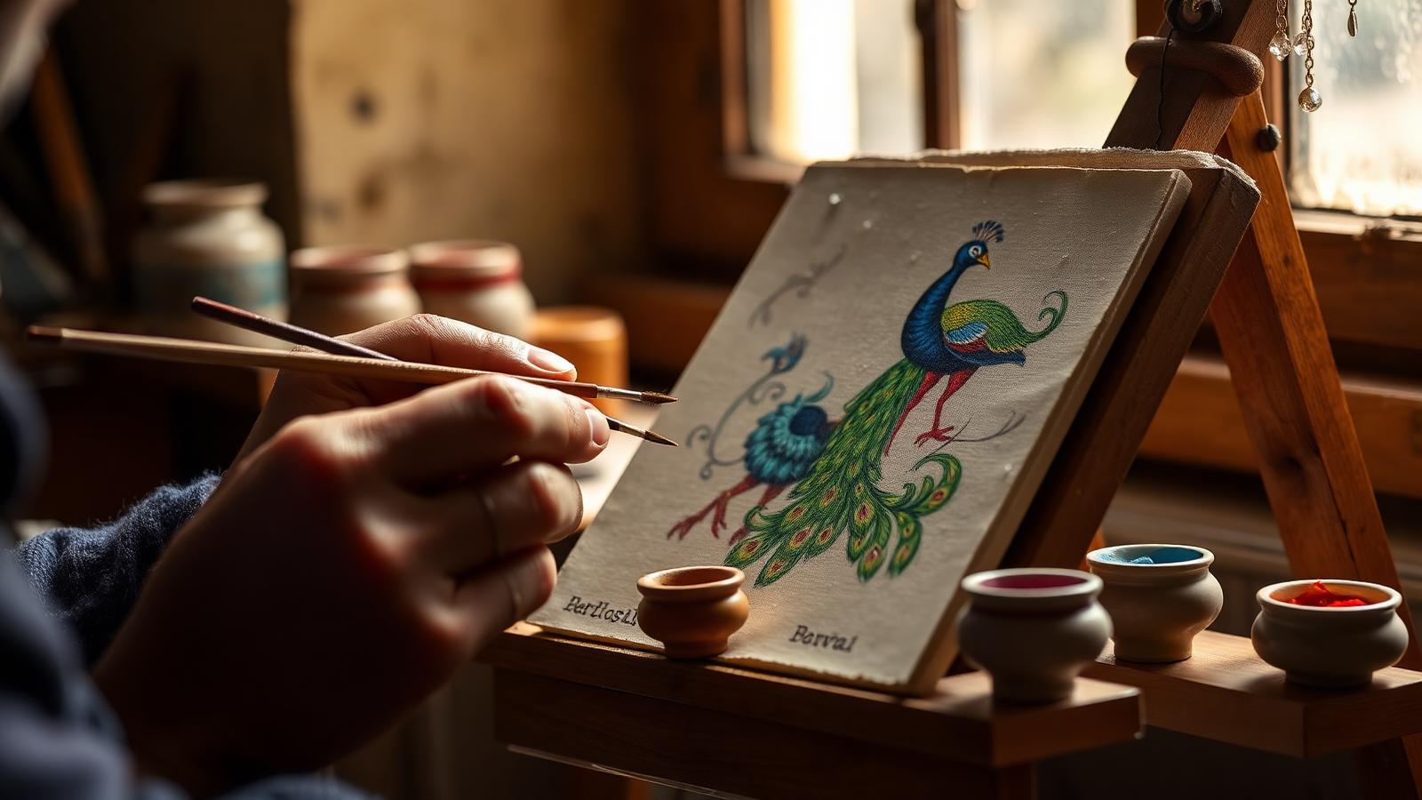 Hands of a master miniature painter using a fine squirrel-hair brush to paint a peacock on a small canvas at a wooden easel, warm window light