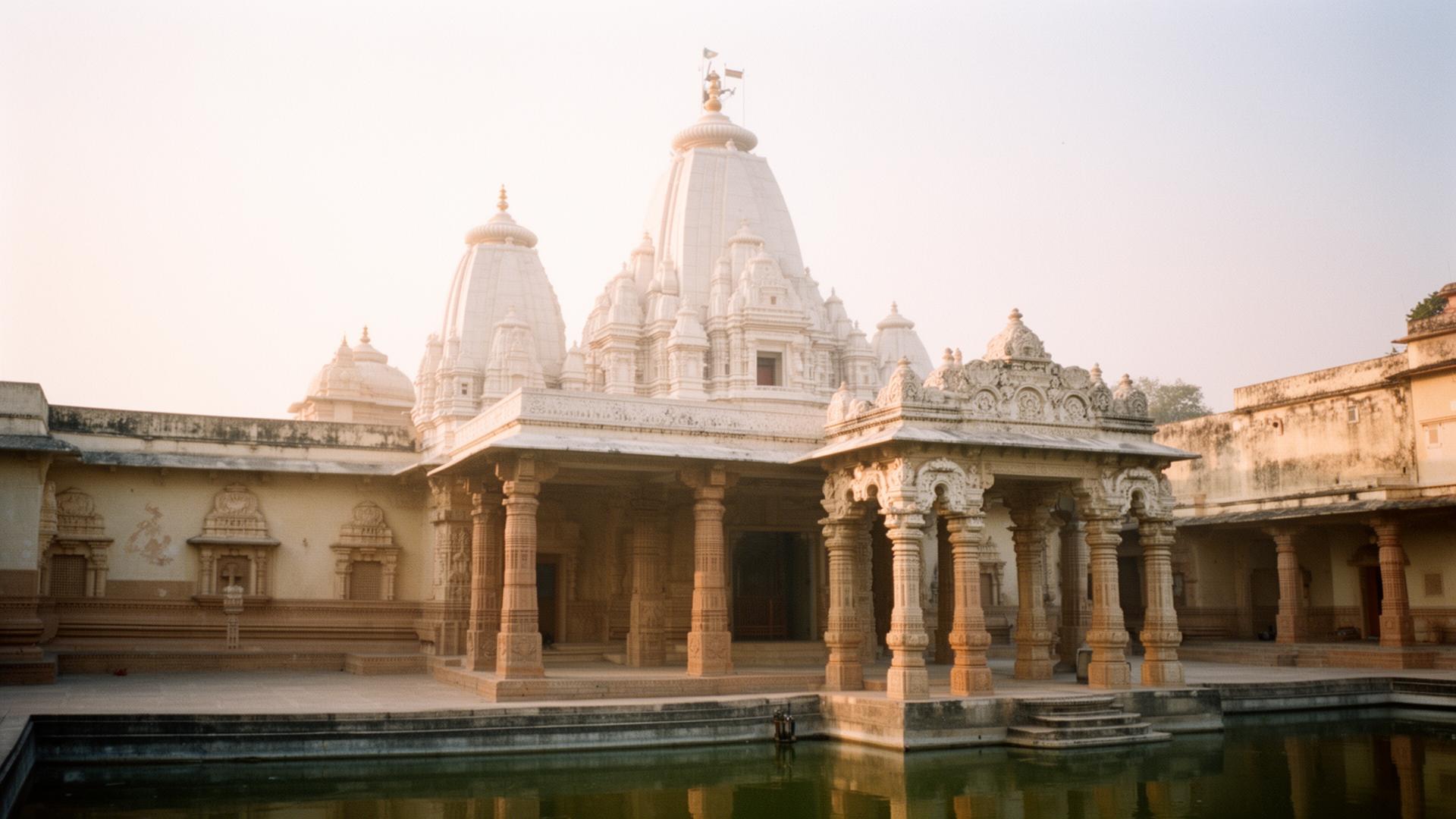 White marble shikhara of Eklingji temple complex rising above carved sandstone mandapa pillars and the sacred kund at sunrise