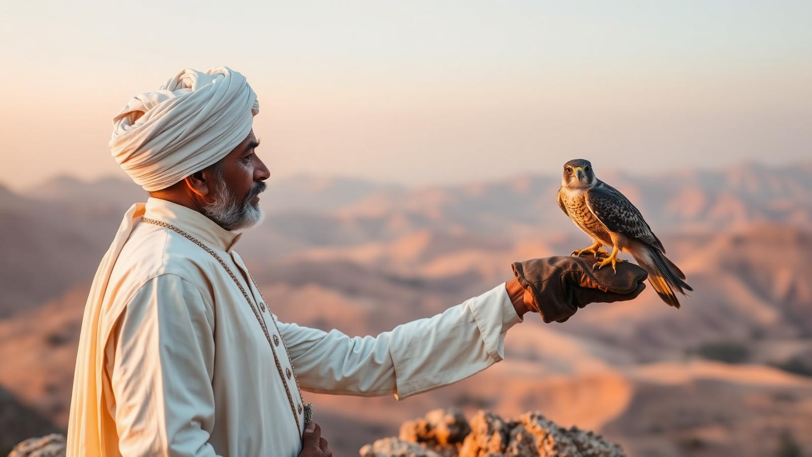 Rajasthani falconer in white turban and ivory robes standing on a rocky Aravalli ridge at sunrise with a hooded peregrine falcon perched on his leather glove
