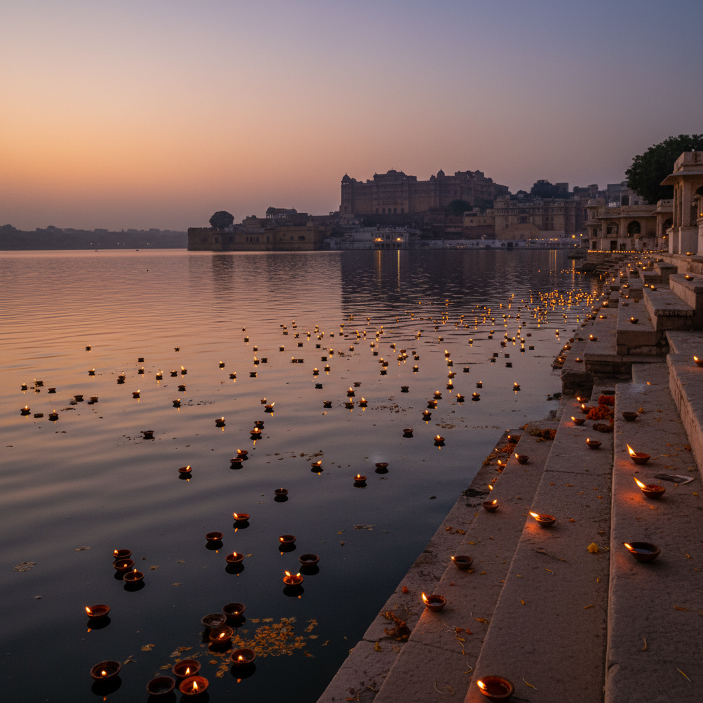 Stone ghats of Lake Pichola at twilight, brass diyas glowing on the water with the City Palace silhouette behind