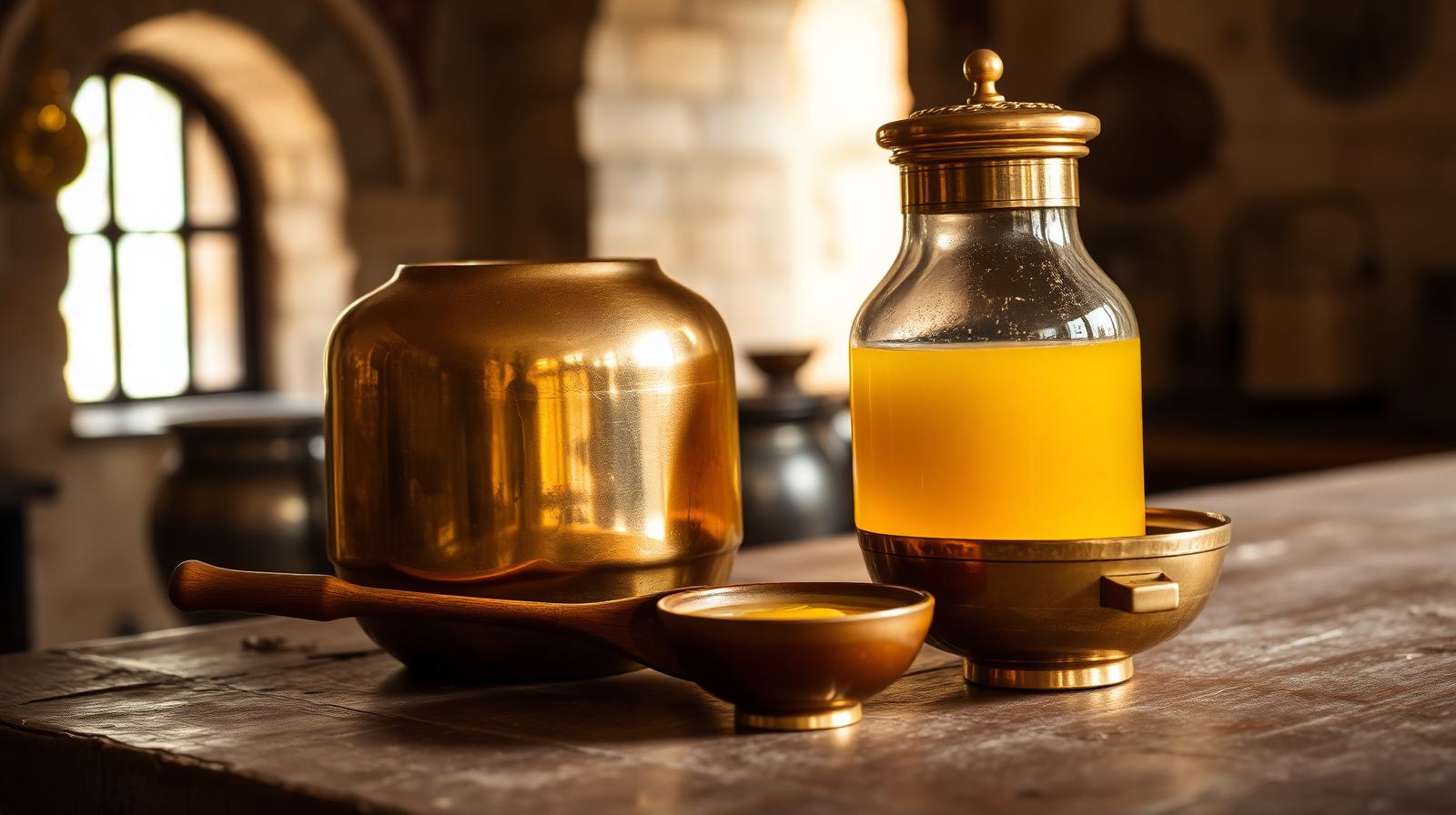 Brass jar of golden ghee with a wooden ladle in a Mewar palace kitchen lit by a single arched window