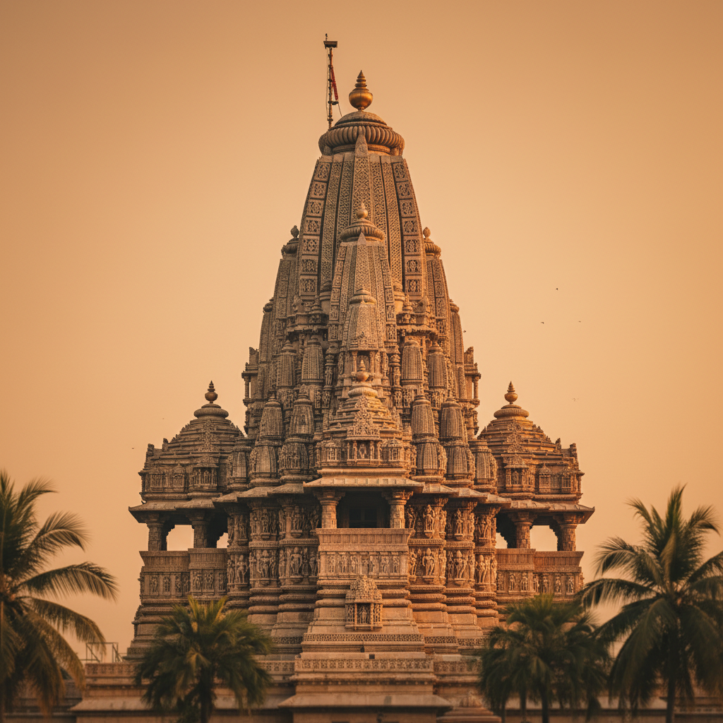 The carved black-stone shikhara of Jagdish Temple Udaipur in golden hour light