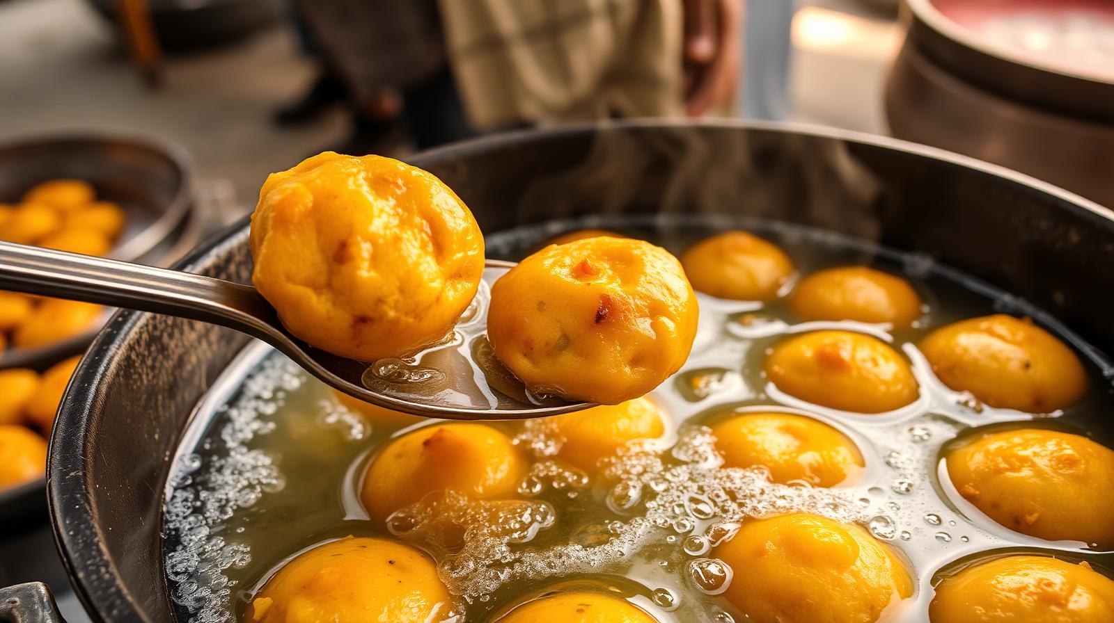 Golden pyaaz kachoris frying in bubbling oil in a large iron kadhai at an Udaipur street counter