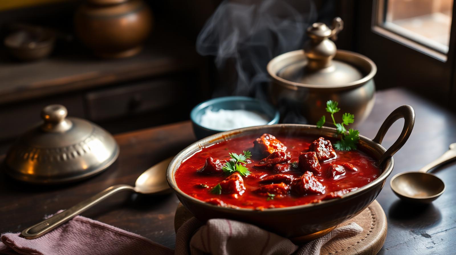 Deep red Rajasthani lal maas mutton curry simmering in a copper handi with mathania chillies and coriander