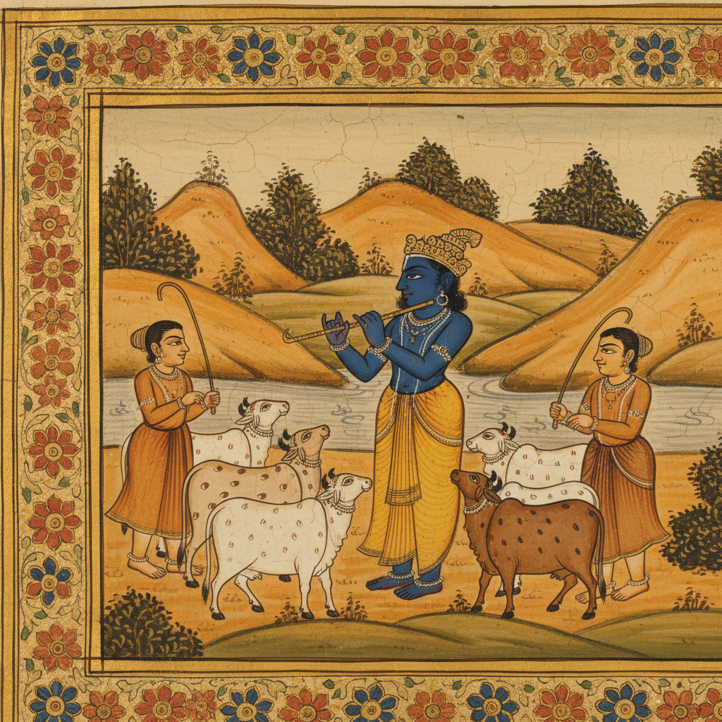 Detail of a classical Mewar-school miniature painting showing Krishna with cattle in deep ochre and indigo