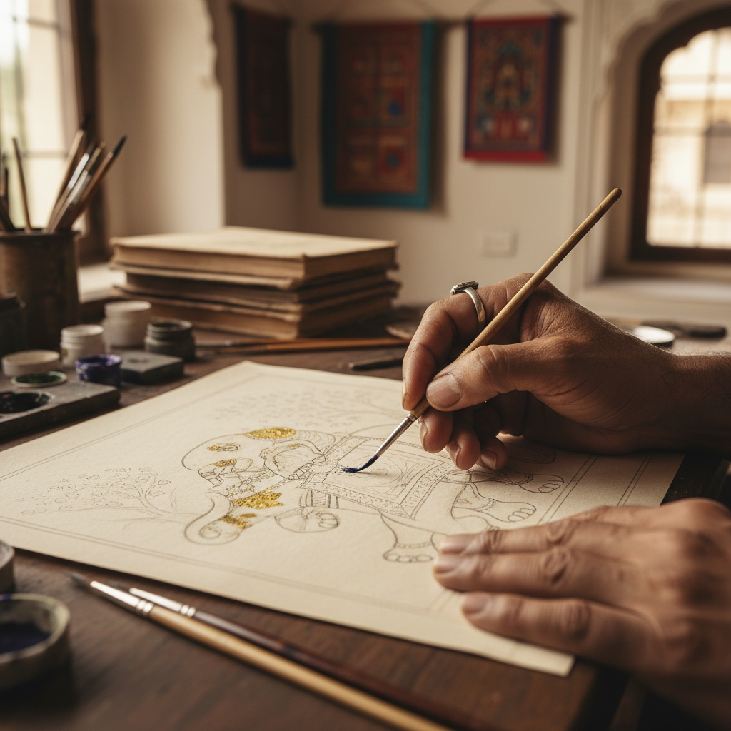 Mewar miniature painter at work in a Bagore-ki-Haveli atelier, painting a folio with a fine squirrel-hair brush