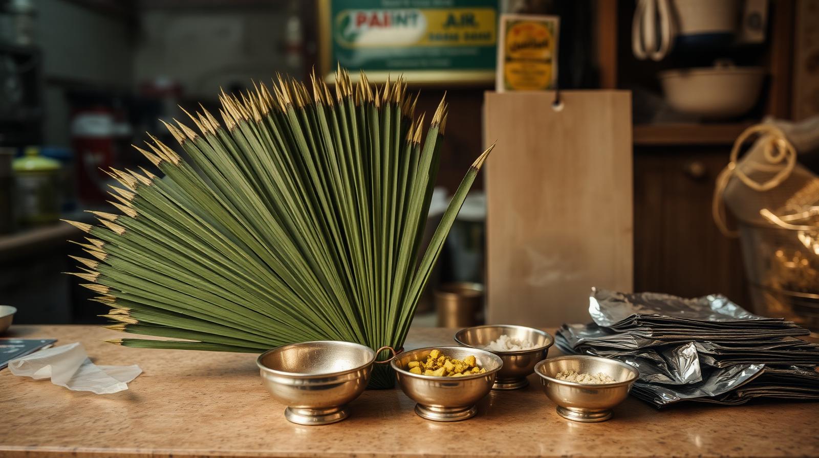 A traditional paan shop in the old city of Udaipur with betel leaves and silver foils on the counter