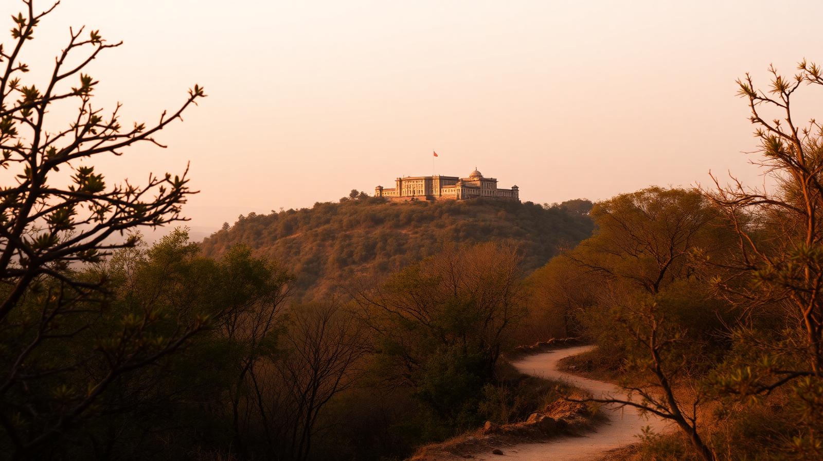 Sajjangarh Monsoon Palace silhouetted on the Aravalli ridge above Udaipur at dawn