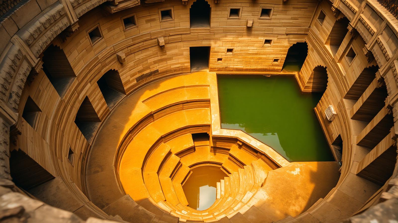 Sandstone stepwell descending into shaded water in the old city of Udaipur