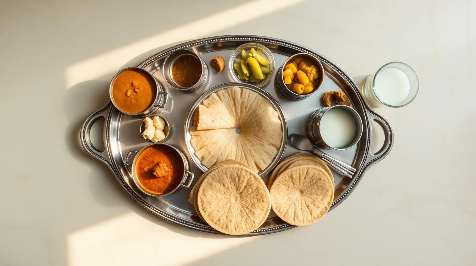 Top-down view of a complete Rajasthani silver thali on creamy marble with dal, gatte, churma, rotis and buttermilk