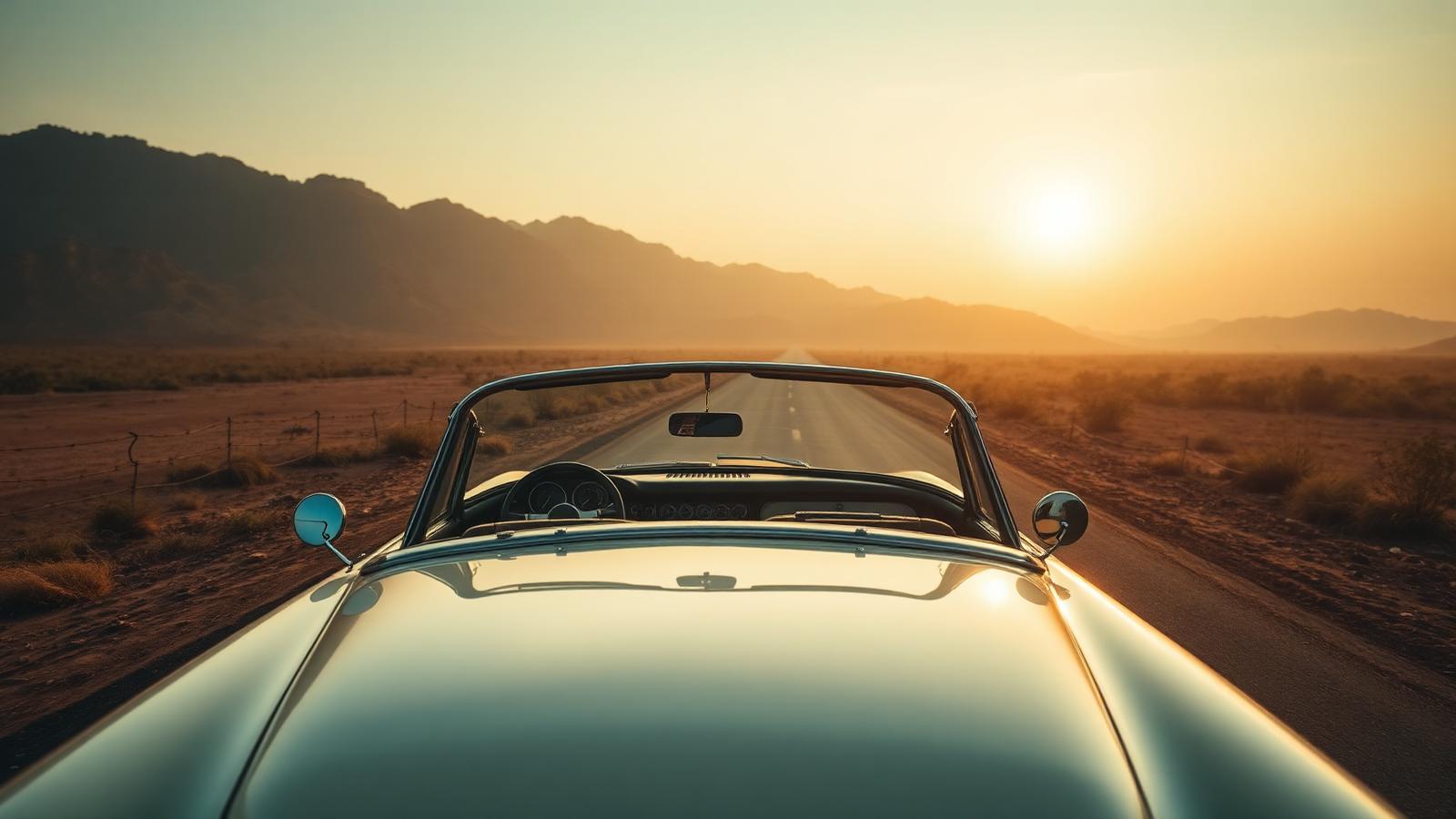 Cream 1950s convertible vintage car parked on an empty country road in Rajasthan with the Aravalli hills behind, golden hour light