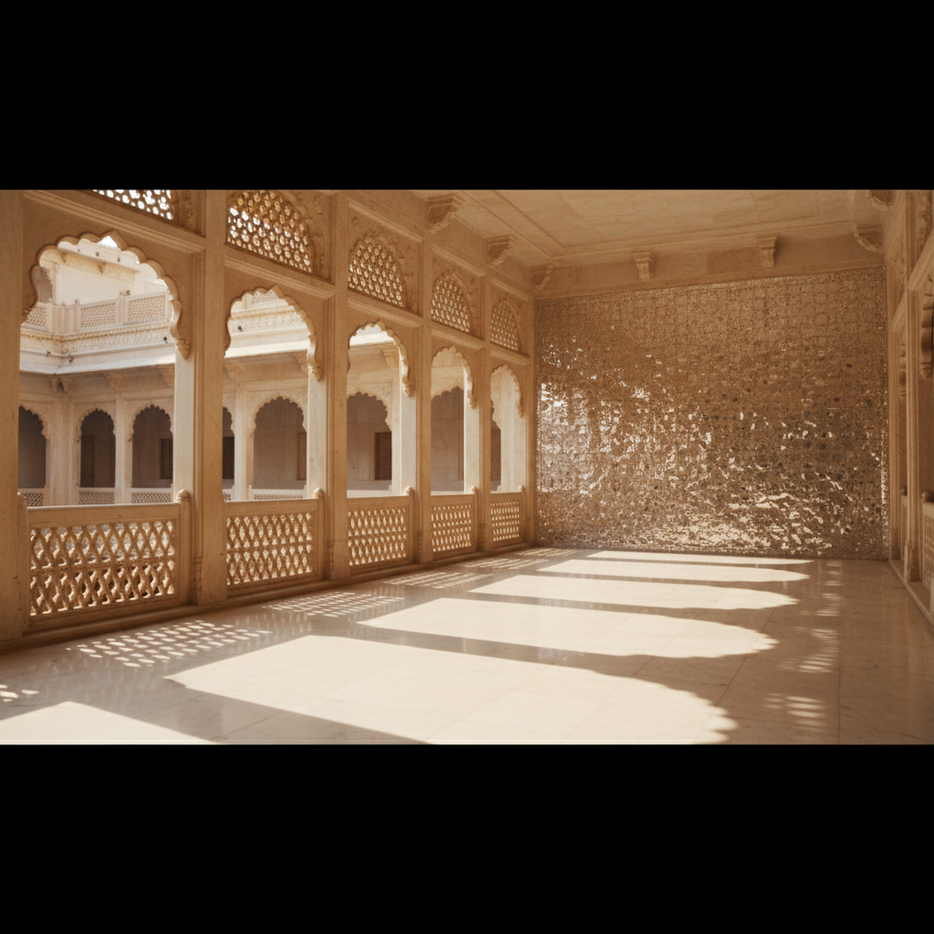 A jali-screen courtyard inside the Zenana Mahal of Udaipur City Palace, lattice shadows on cream stone