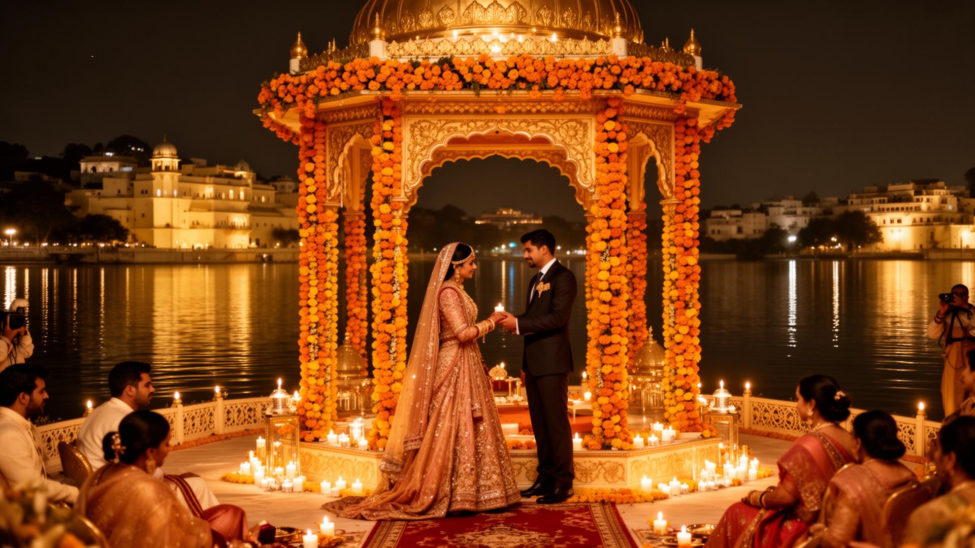 Royal wedding ceremony at a lakeside palace in Udaipur